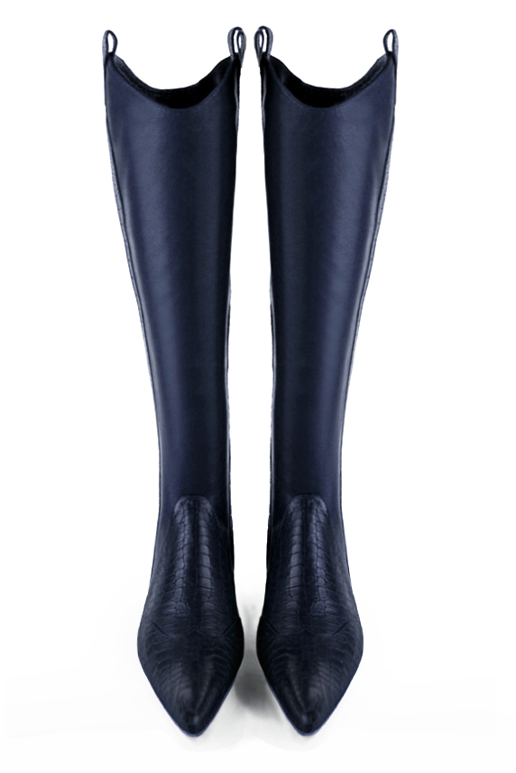 Navy blue women's cowboy boots. Tapered toe. Low leather soles. Made to measure. Top view - Florence KOOIJMAN